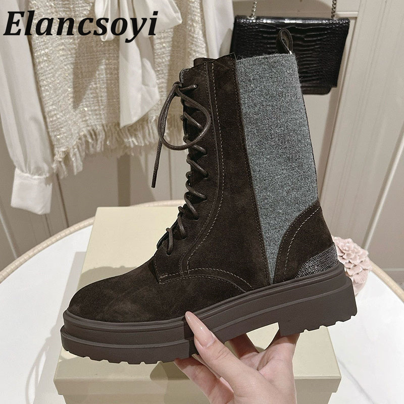 Leatherwork Designs - รองเท้าแฟชั่นผู้หญิงใหม่สำหรับฤดูใบไม้ร่วง/ฤดูหนาว 2026 หัวกลม หนังกำมะหยี่ผสมหนังแท้ ดีไซน์ตัดต่อ พื้นหนา