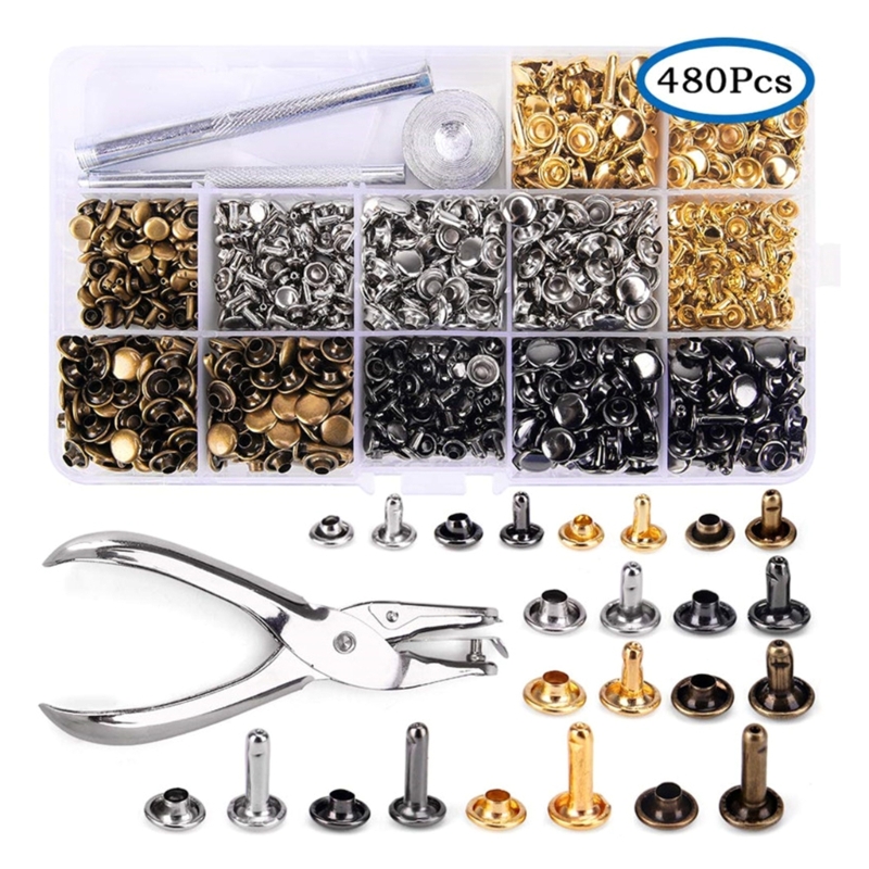 Rivet Setter Tool - 180ชุดหมุดหนัง6มม./8มม./12.0มม. 4สีหมุดโลหะท่อพร้อมคีมเจาะและเครื่องมือตั้งค่า