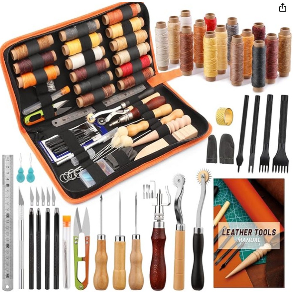 Groover Stitching Tool - ชุดเครื่องมือทำงานหนัง ชุดอุปกรณ์งานหนังพร้อมด้ายเคลือบแว็กซ์ เครื่องมือเซาะร่อง เข็มเจาะรู สำหรับผู้เริ่มต้นหรือผู้ใหญ่ เหมาะสำหรับเป็นของขวัญ